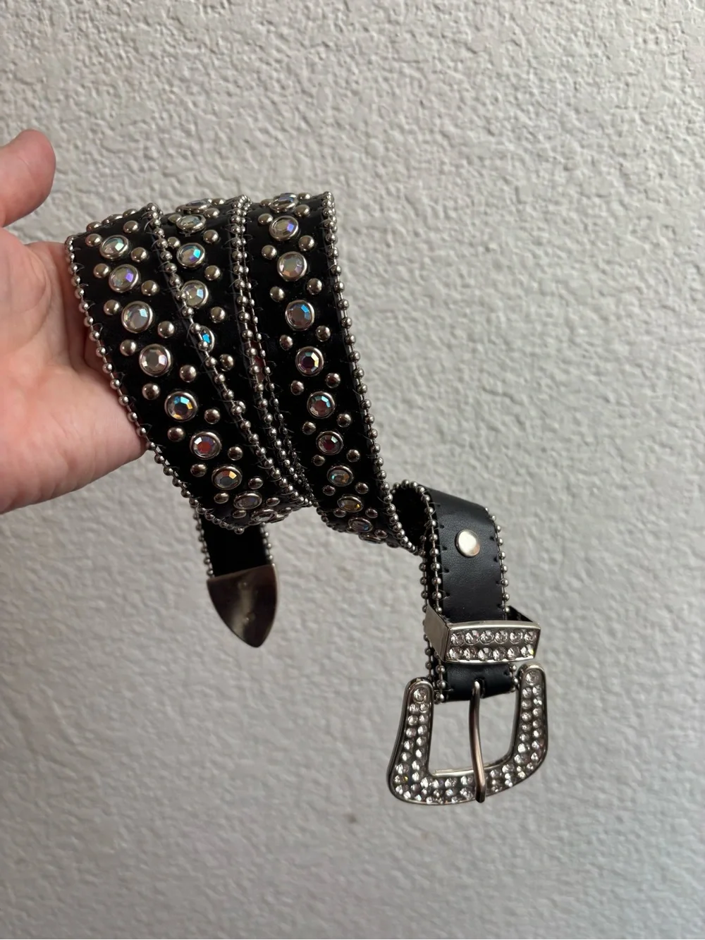 Y2K Leather Black Crystal Embellished Womens Belt Size Small